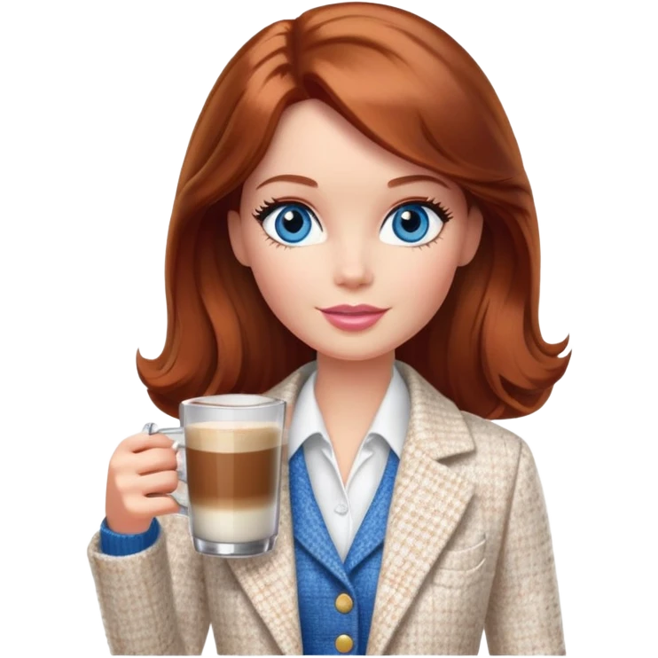 A Barbie girl with blue eyes, shoulder-length reddish-brown hair, made-up, wearing a white tweed jacket and a white skirt, with a glass of coffee in her hands emoji