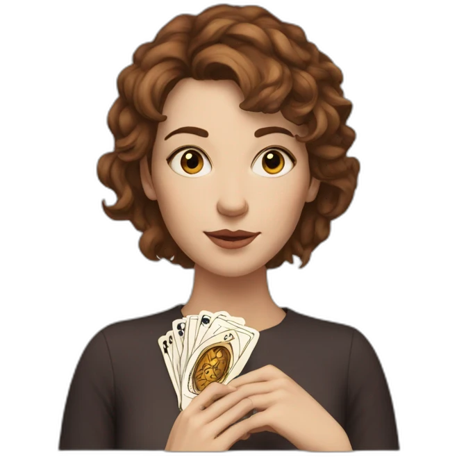 White Woman, brown eyes, with short brown messy hair with tarot card in her hands emoji