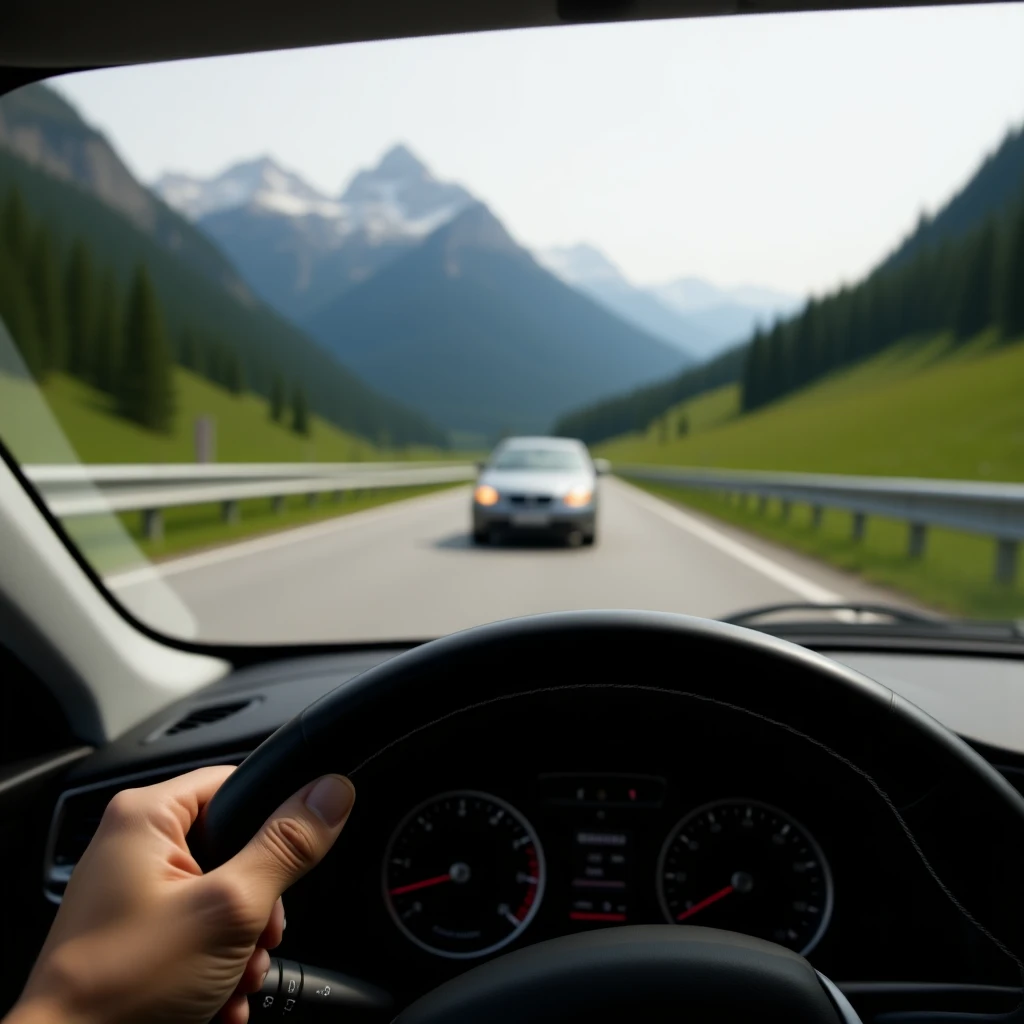 Realistic camshot pov of monkeu car (hands holding car wheel) switzerland road with car crash emoji