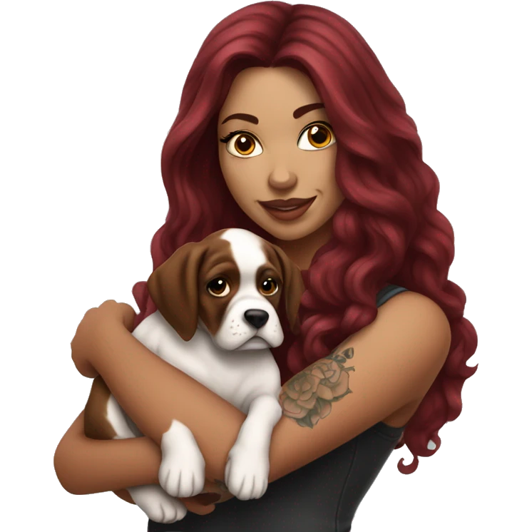 Beautiful tattooed  burgundy long haired woman holding a boxer puppy emoji