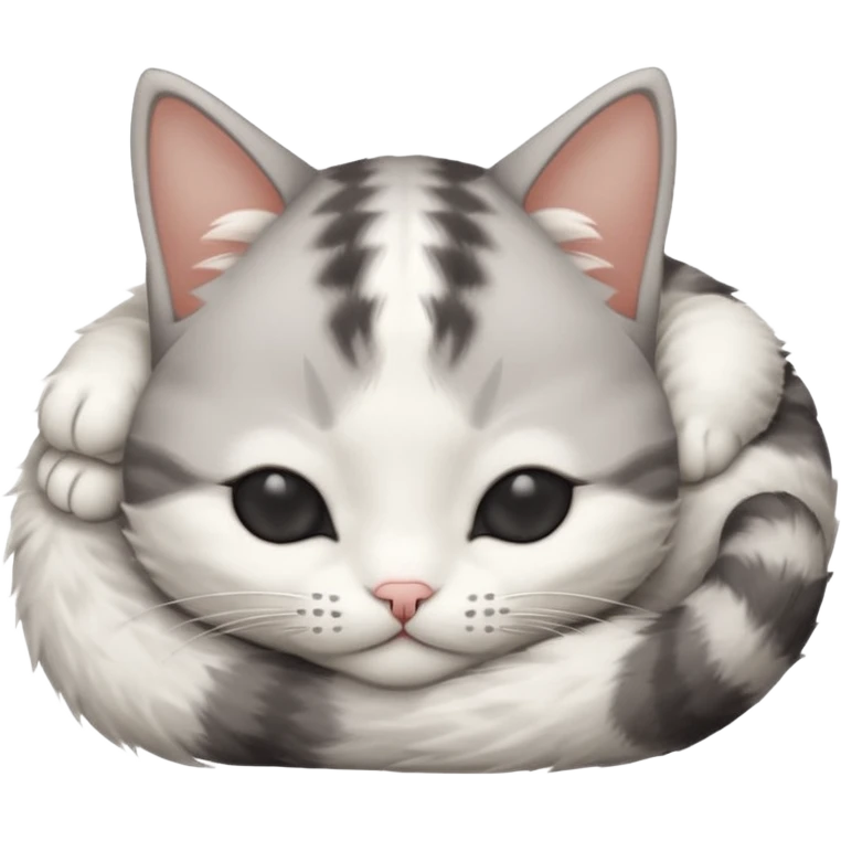 grey and white small cat with eyes closed lying down upside down tightly covering its own face emoji