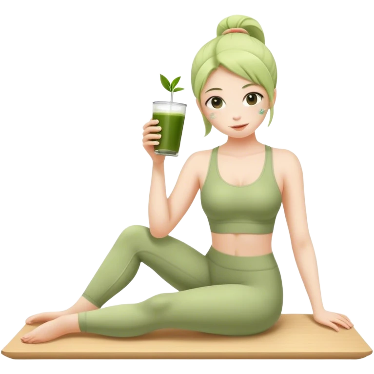 Una niña haciendo pilates y tomando matcha emoji