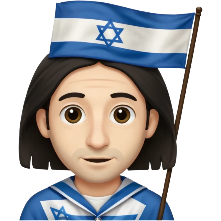jewish jew man's face, wearing a tiny black kippah and 2 thin long hair strands near the ears, big nose, only face, no body, no mustache, holding israel flag emoji