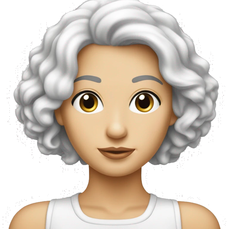 ’image montre une femme blanche d’âge moyen avec une coupe de cheveux typique ‘bob’ ou ‘pixie’,  emoji