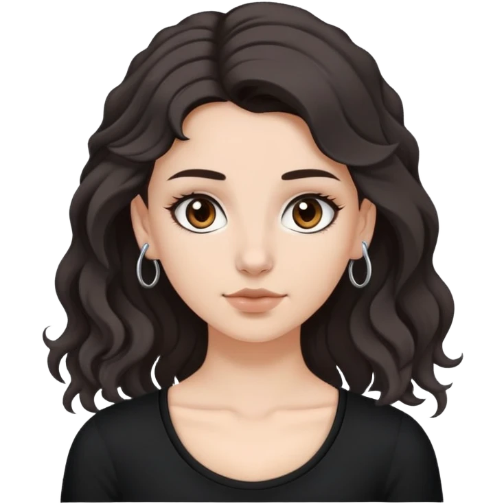 White girl with brown eyes, with septum piercing and a black top, with hair dark brown with grey at the back (semi curl hair)  emoji