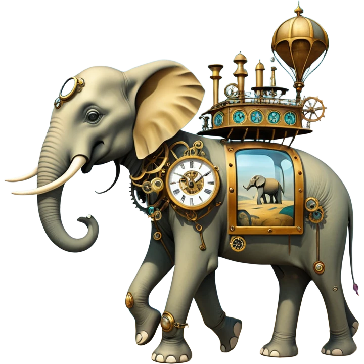 solarpunk steam-punk - surreal elephants from Salvador Dali's paintings in a dreamscape emoji