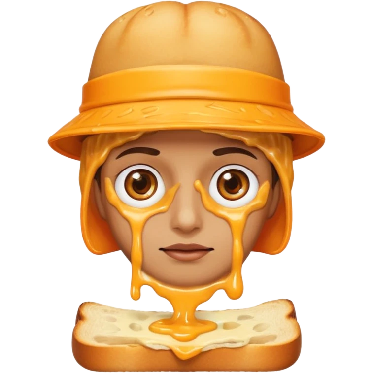a toastie with melted cheese on the rim and an orange hat and two eyes in left  emoji