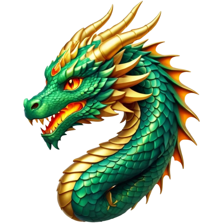 cinematic-noble-dragon-portrait-emoji,-poised-and-majestic,-with-a-sinuous, breathing raging fire breath, -elongated-body-covered-in-intricately-detailed,-shimmering-scales-in-hues-of-emerald-and-gold,-and-piercing,-fiery-eyes-that-reflect-ancient-wisdom; Breathing fire emoji