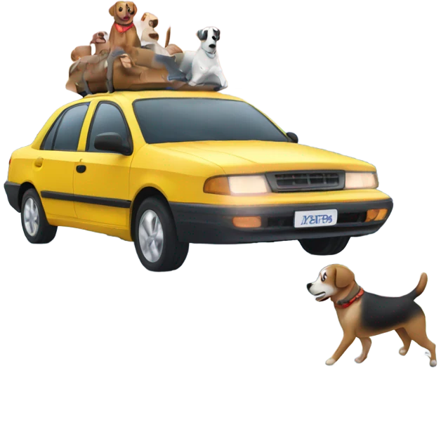 car on a snowy road with dogs riding in the car  emoji