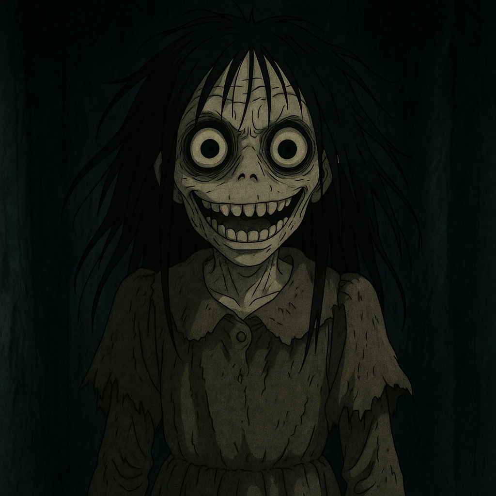 Make the creepy girl much scarier with more disturbing features and intensify the horror atmosphere in Ghibli style. emoji