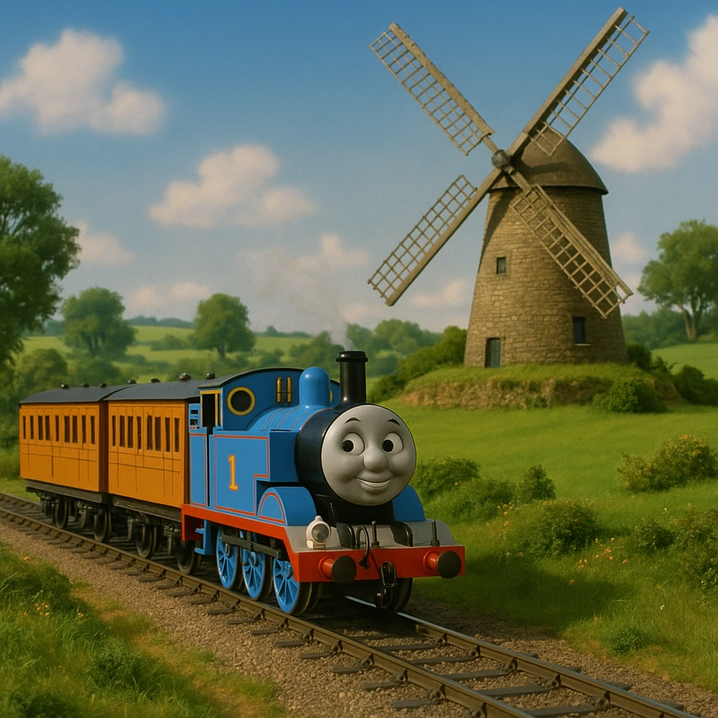 Thomas the Tank Engine pulling Annie and Clarabelle by the windmill on his branchline, in the style of the original TV show, blue engine with friendly face, two orange and cream coaches, classic British countryside, no text emoji