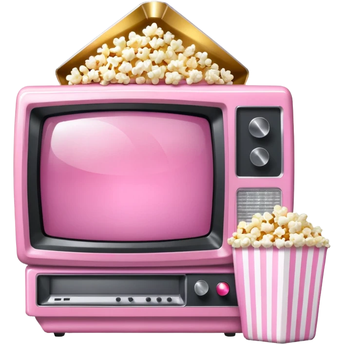 front view of transparent sparkly pink shiny CRT TV sitting on top of pink VCR, with pink/white rhinestone bucket of popcorn sitting next to it emoji