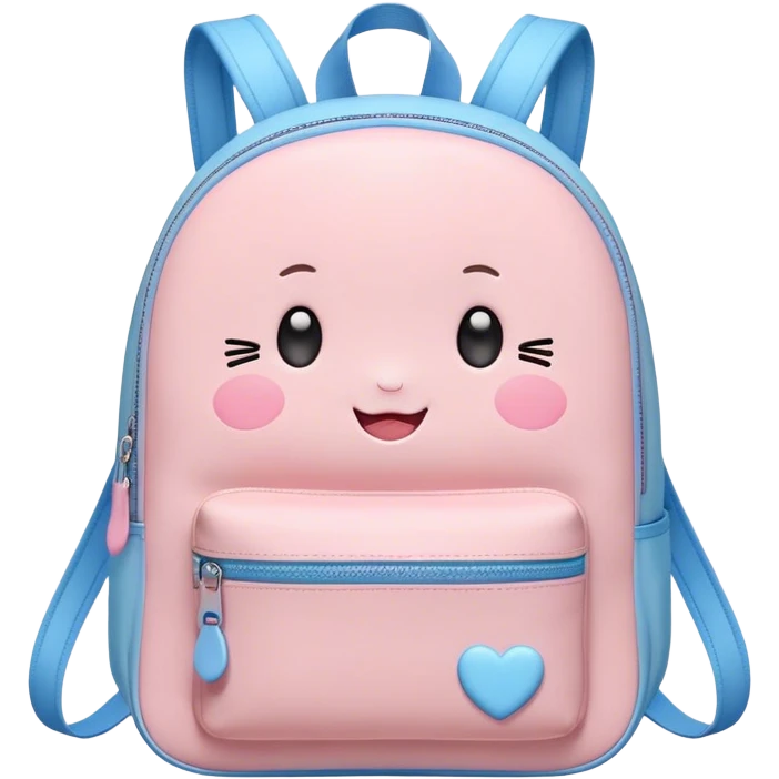 Cute Kawaii Backpack, round and chubby, soft pastel pink and blue, tiny heart-shaped zippers, blushing cheeks, a tiny smiling face, a happy school-time companion! emoji