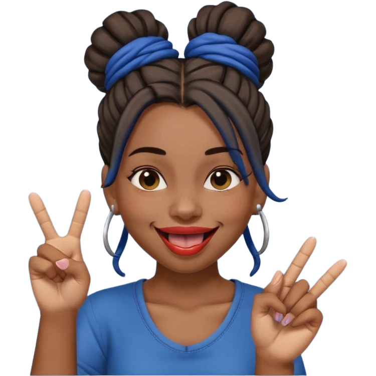 brown girl with dark blue dreads all in a bun with tongue out giving middle finger emoji