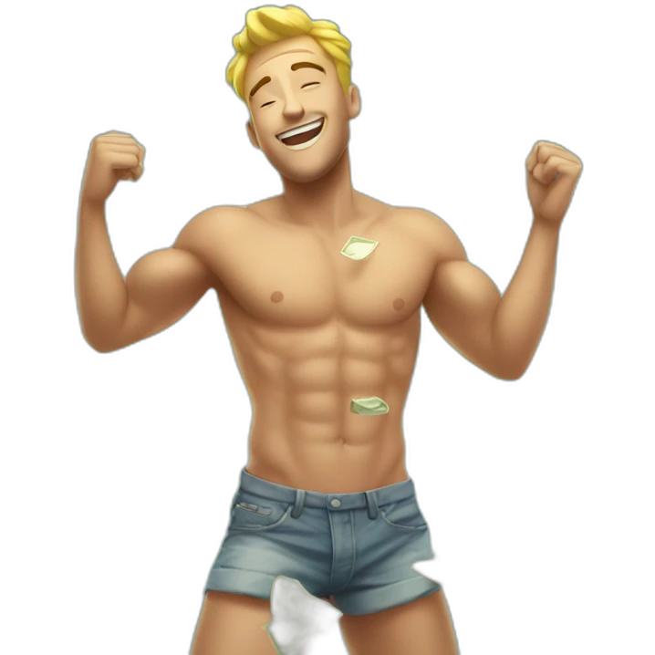 Shirtless guy dancing under raining money  emoji