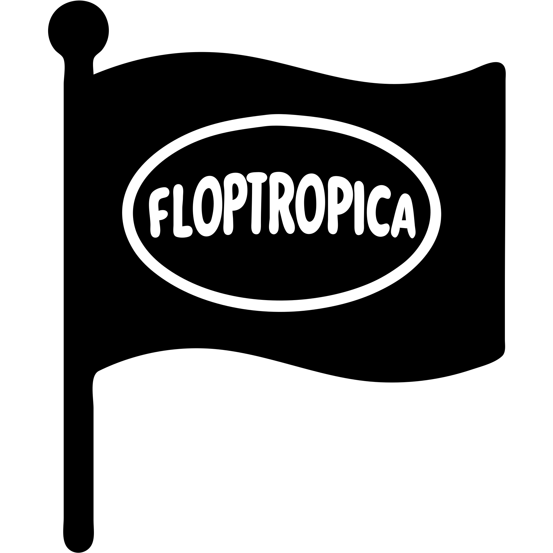 solid black icon of a flag on a stick with a playful 'Floptropica' emblem emoji
