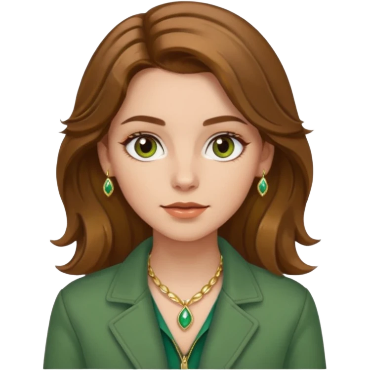 White girl with hazel Brown eyes Brown and slighly wavy medium hair. Make her with a green jacket and gold jewlery.  emoji