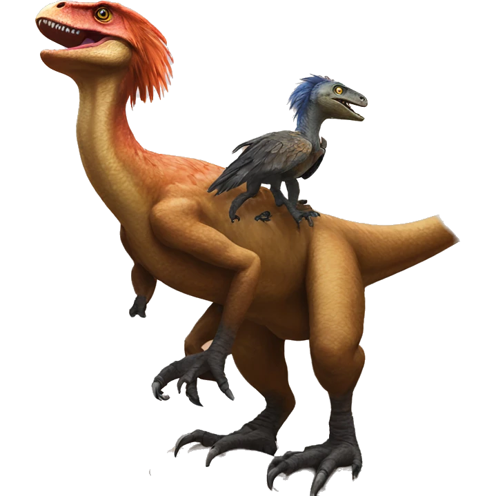 A feathered utahraptor riding another feathered Utahraptor emoji