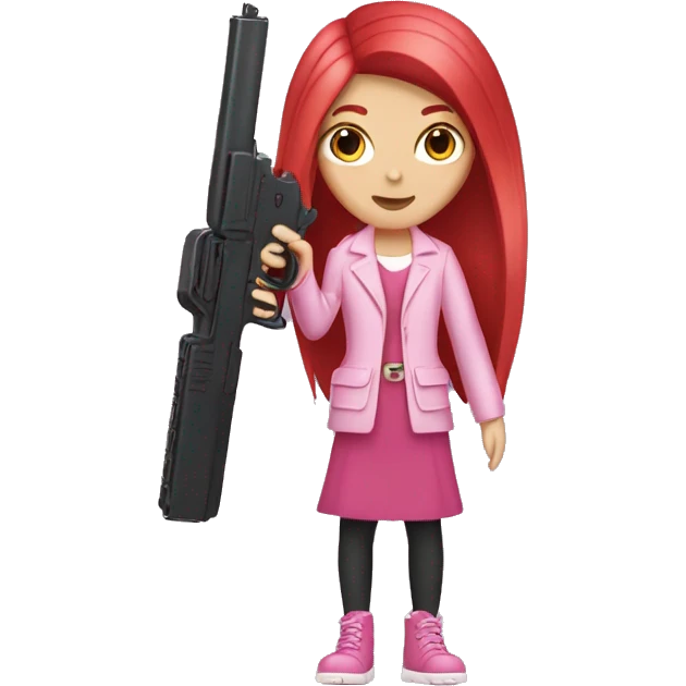 White Girl with dark long straight red hair and hand pink nails holding pink gun emoji