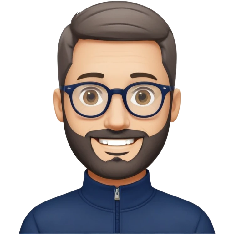Fair-skinned broader man with oval face, very tight haircut (almost shaved on top, faded sides), short salt and pepper beard, big black-rimmed glasses, friendly smile, navy blue quarter-zip sweatshirt with long sleeves emoji