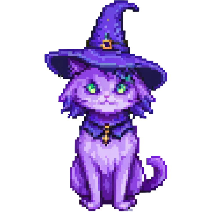 purple witch cat, pixel art style, full body, facing forward emoji