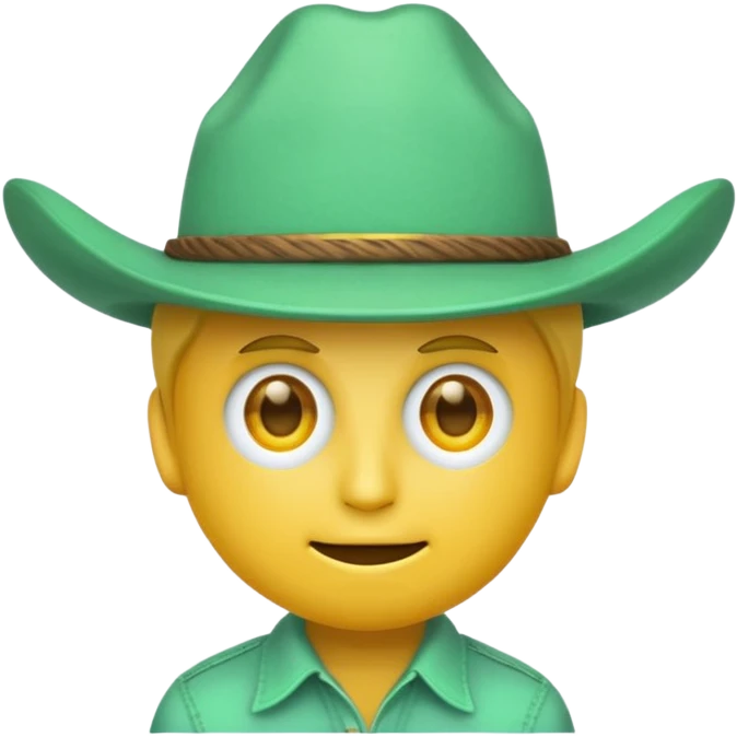 unisex yellow face emoji with a minty green cowboy hat, Bitcoin logo eyes, and '100x' on the hat, playful style emoji