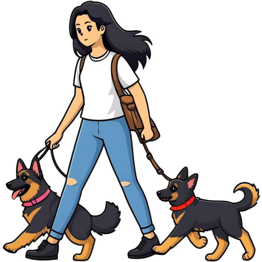 girl with long black hair walking a German Shepherd emoji