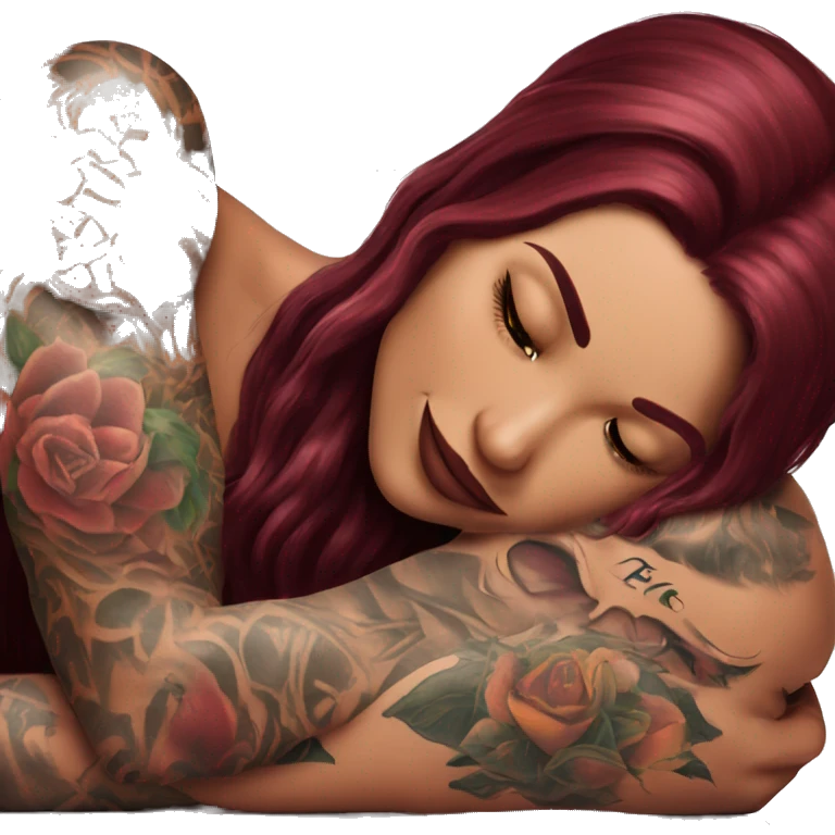 Beautiful tattooed burgundy long haired woman laying on the boyfriends chest emoji