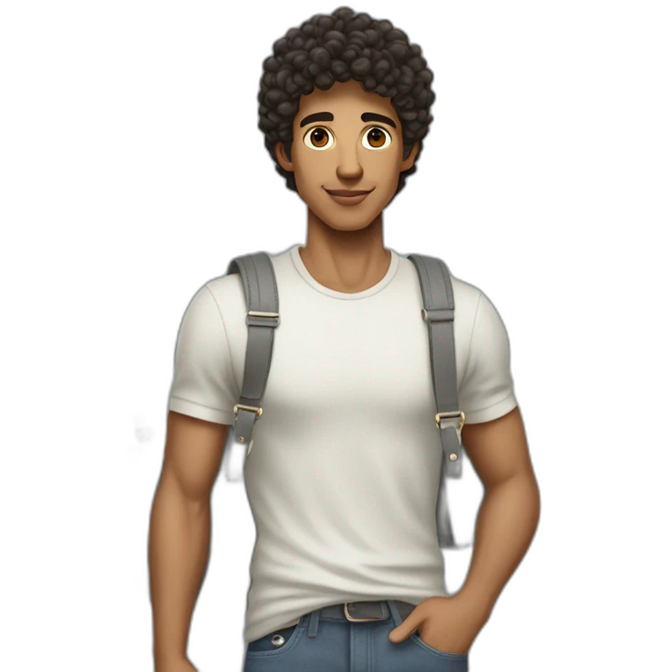 Handsome skinny latino with short curly hairs wearing a grey hermes Birkin bag emoji