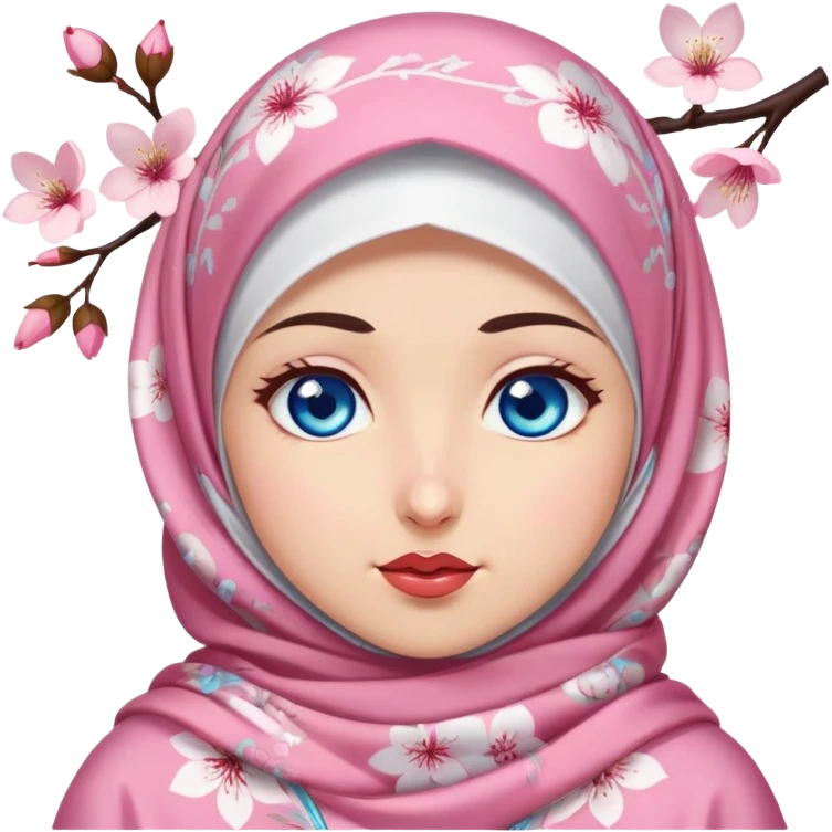Turkish beautiful finish Konya girl blue eyes with cherry blossom floral hijab islamic dress and with yummy Drooling face emoji