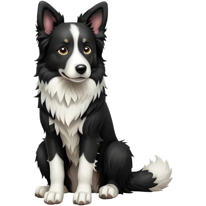 cinematic-[border collie dog]-realistic-full-body-sitting-emoji,-tail-resting-loosely-beside-its-paws,-head-tilted-dramatically,-scruffy-[black and white]-fur,-simplified-yet-realistic-focused-features,-highly-detailed,-glowing-with-an-almost-sarcastic-glow emoji