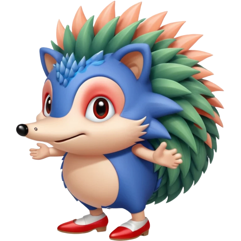 Blue hedgehog with red shoes and peach arms with large quills wave joint together eyeballs and green pupils emoji