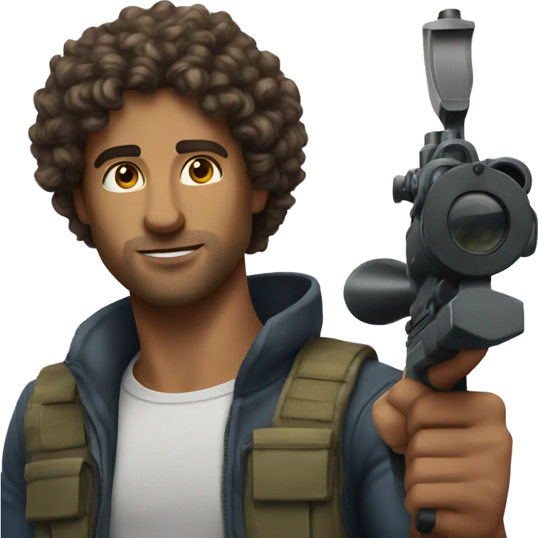 Handsome man with curly hair holding a sign that says sniper emoji