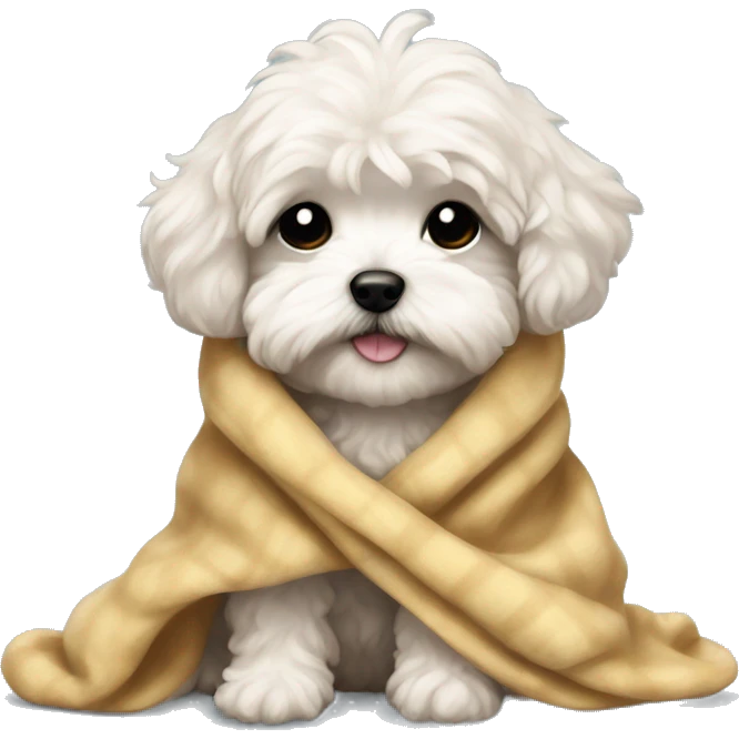 really sad crying maltipoo puppy in blanket cuddled up emoji