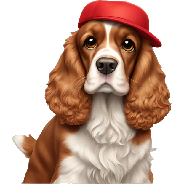 A full-length, adult, red cocker spaniel in a New Year's cap, siting emoji