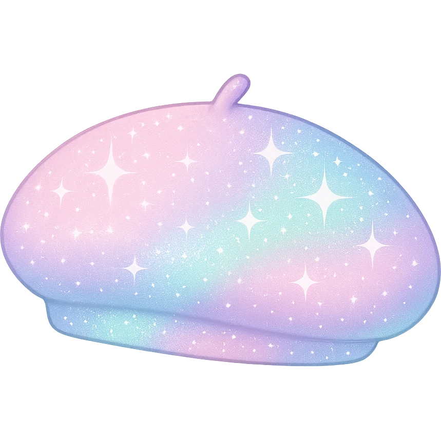 girly sparkling pastel beret, soft colors, no background emoji