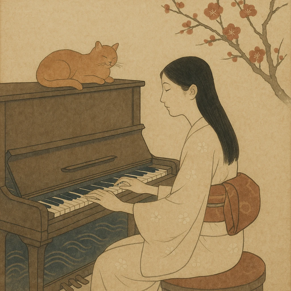 woman playing piano while her cat sits on top of the piano emoji