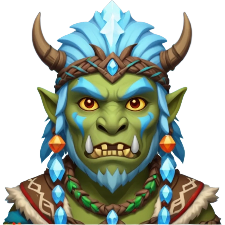 Fantasy Christmas orc shaman icon, ice spirit magic theme, glowing runes, winter tribal mask elements, mystical cold atmosphere, emoji sized portrait, male/female variant emoji