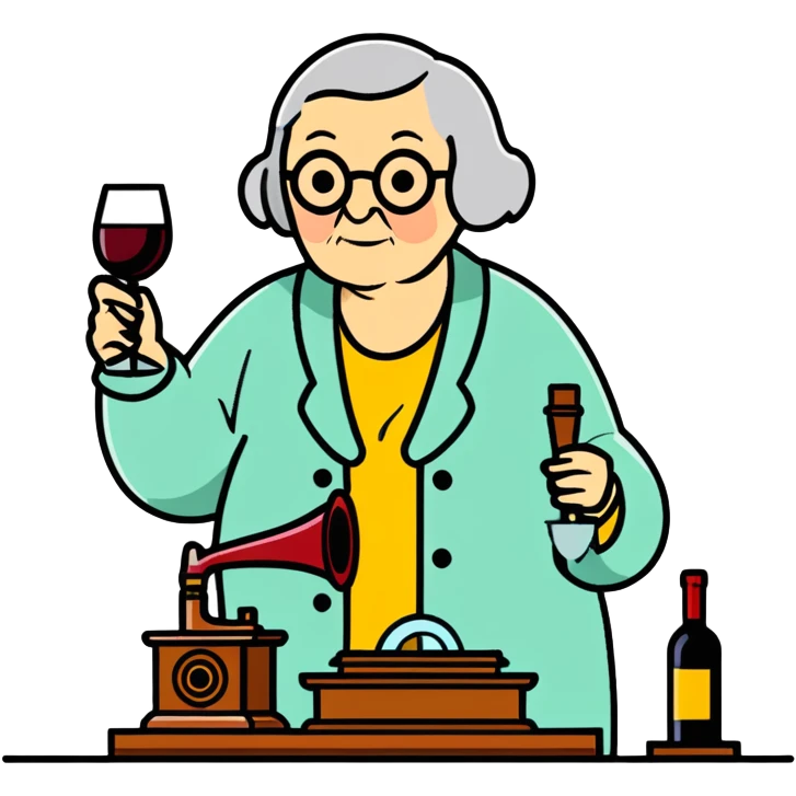 old lady with wineglass listening to gramophone emoji