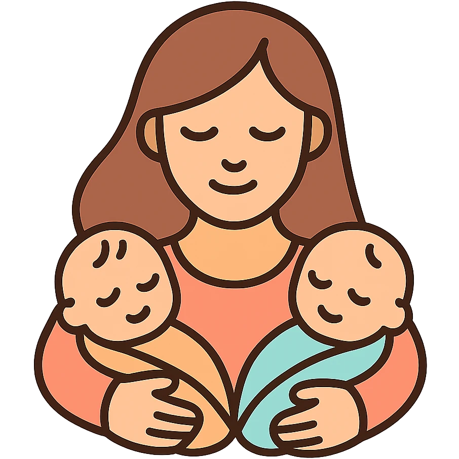 mother gently cradling two babies, one in each arm, vector-inspired expressive detailed illustration, simple lines, soft shadows and highlights, warm beige tones, smooth hair, loving expression, elegant gentle warm style emoji