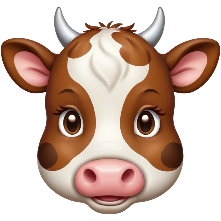 Cinematic Cute Brown and White Cow Portrait Emoji, Head tilted playfully and inquisitively, featuring a glossy, richly patterned hide of brown with striking white patches, round, sparkling brown eyes filled with gentle curiosity, Simplified yet irresistibly adorable features, highly detailed, glowing with a warm, friendly glow, high shine, affectionate and serene, stylized with a touch of country charm, bright and endearing, soft glowing outline, capturing the essence of a mischievous yet loving cow, so playful it feels like it could moo out of the screen and into your arms! emoji