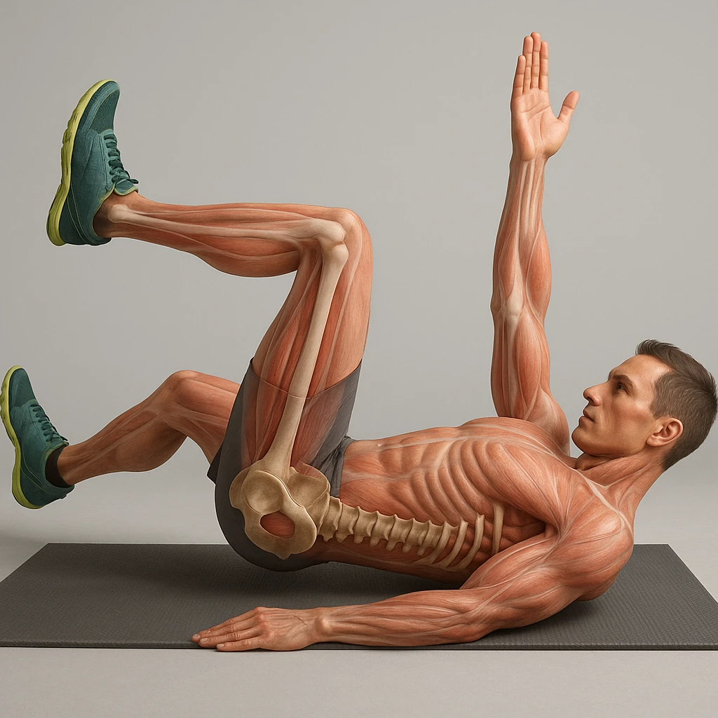 Anatomically hyperrealistic 4K depiction of a man in dead bug position, variant with torso slightly raised, highlighting pelvis and spine bones, translucent muscles and skin, medical atmosphere. emoji