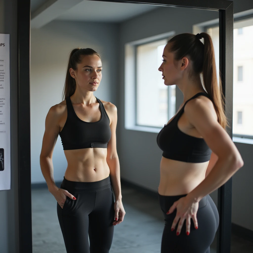 woman in gym, sportswear, looking at her abdomen reflected in mirror, next to her a scale and a medical chart with Italian text: 'PCOS: il grasso addominale è un segnale d’allarme', modern style, 4K quality emoji