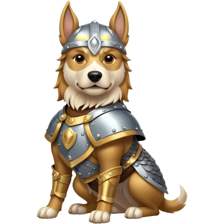 valorous Viking dog in Valhalla, detailed armor, heroic pose, glowing sky emoji