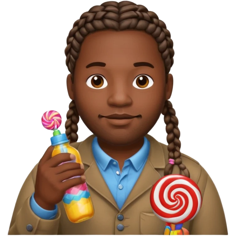 Big black man with braids hold a bottle and a lollipop emoji