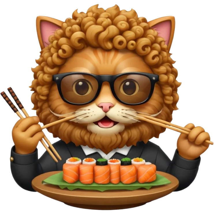 HAPPY CAT WITH CURLY HAIR AND A BIG BEARD wearing sunglasses and eating sushi emoji
