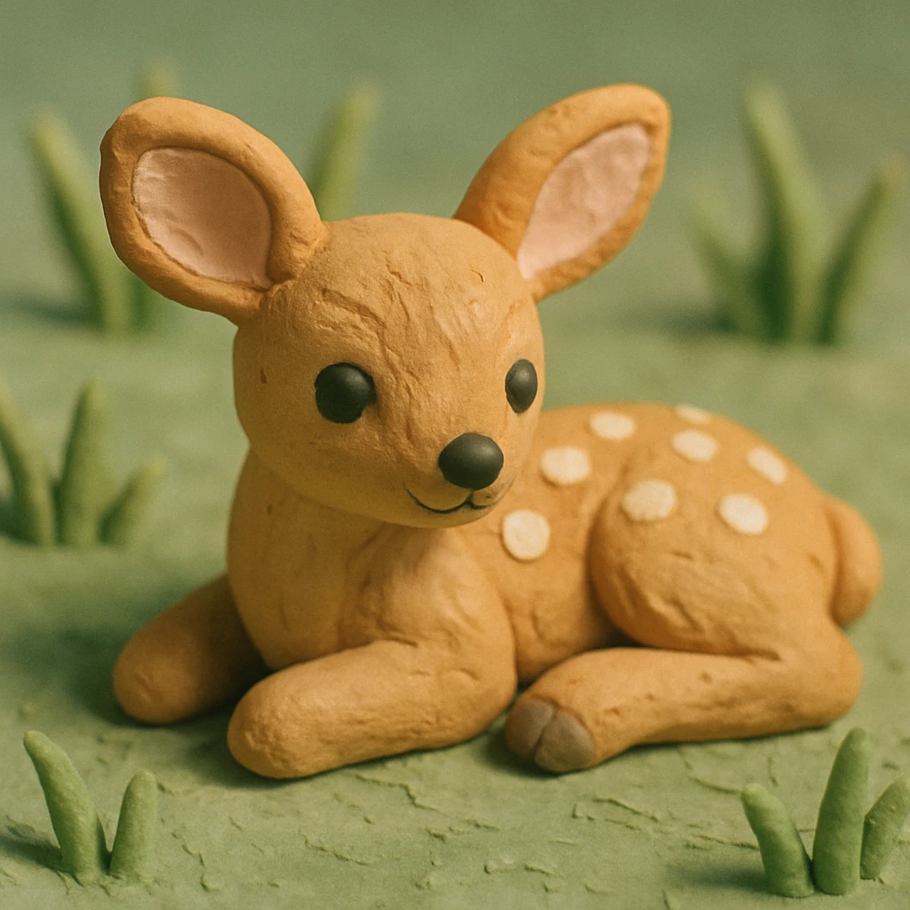 fawn with spots, lying in grass, soft lighting, cute and detailed fur, claymation style emoji
