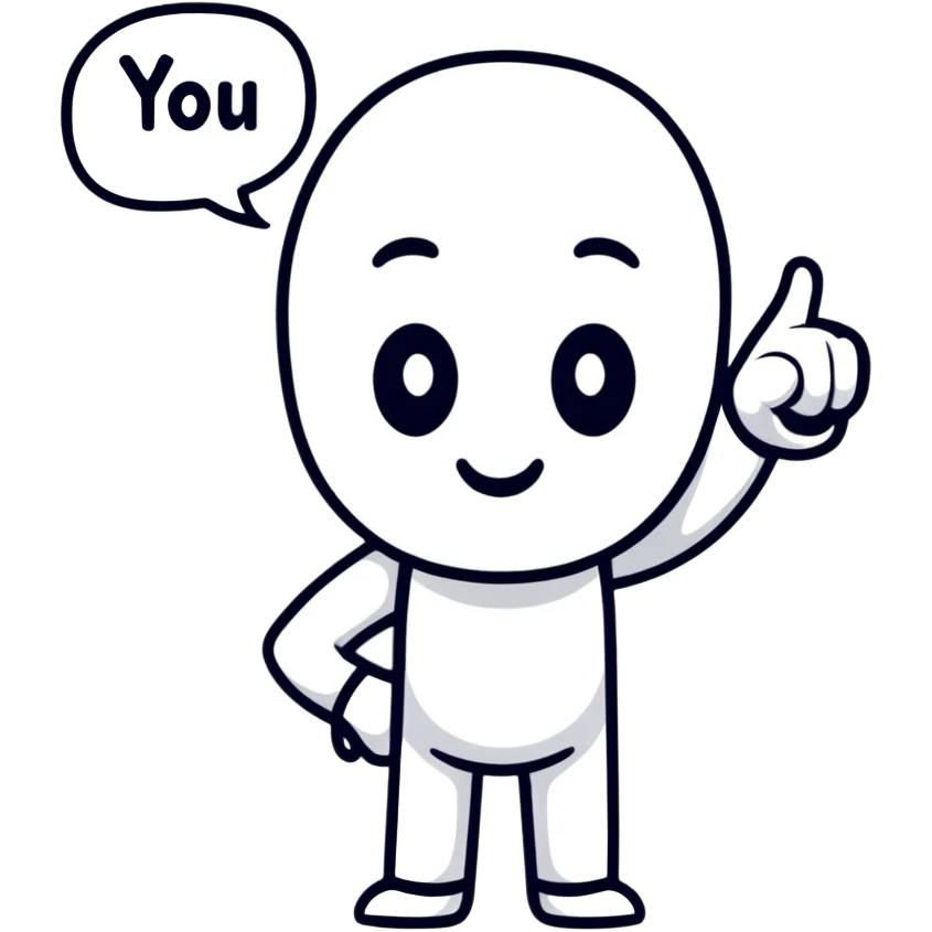 friendly character pointing with YOU speech bubble emoji