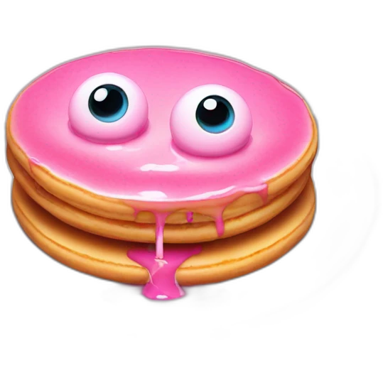 Pink small pancake with candle, and two eyes in the glaze, two teeth crawling out from under the glaze emoji