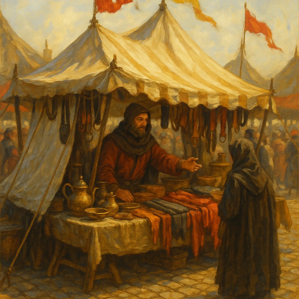 a medieval tent shop with flags, merchant selling wares, cobblestone ground, lively market emoji